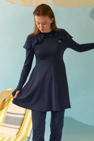  Modest Swimsuit Set with Ruffled Shoulders Navy Blue - 4