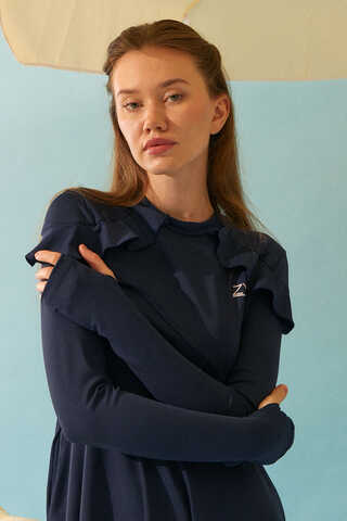  Modest Swimsuit Set with Ruffled Shoulders Navy Blue - 6