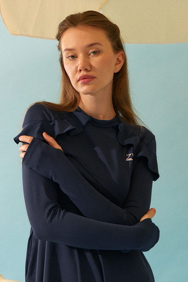  Modest Swimsuit Set with Ruffled Shoulders Navy Blue - 6