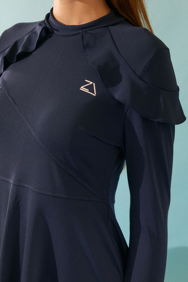  Modest Swimsuit Set with Ruffled Shoulders Navy Blue - 7