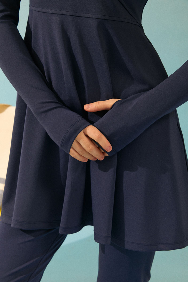  Modest Swimsuit Set with Ruffled Shoulders Navy Blue - 8