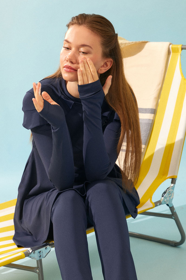  Modest Swimsuit Set with Ruffled Shoulders Navy Blue - 9