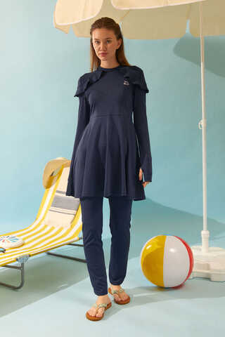  Modest Swimsuit Set with Ruffled Shoulders Navy Blue - 10