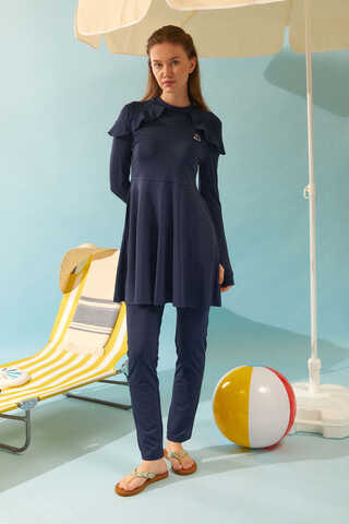  Modest Swimsuit Set with Ruffled Shoulders Navy Blue - 11