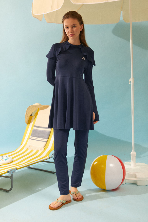  Modest Swimsuit Set with Ruffled Shoulders Navy Blue - 11