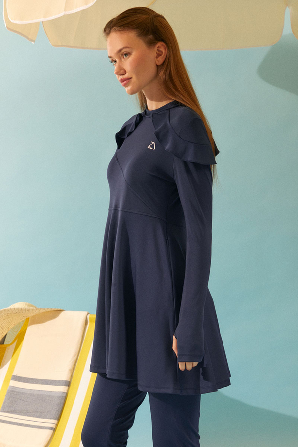  Modest Swimsuit Set with Ruffled Shoulders Navy Blue - 12