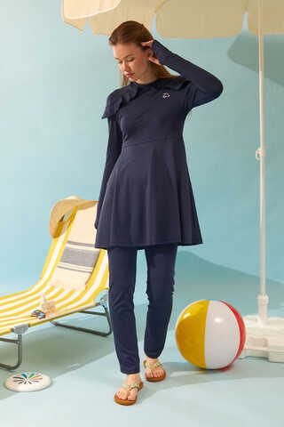  Modest Swimsuit Set with Ruffled Shoulders Navy Blue - 13