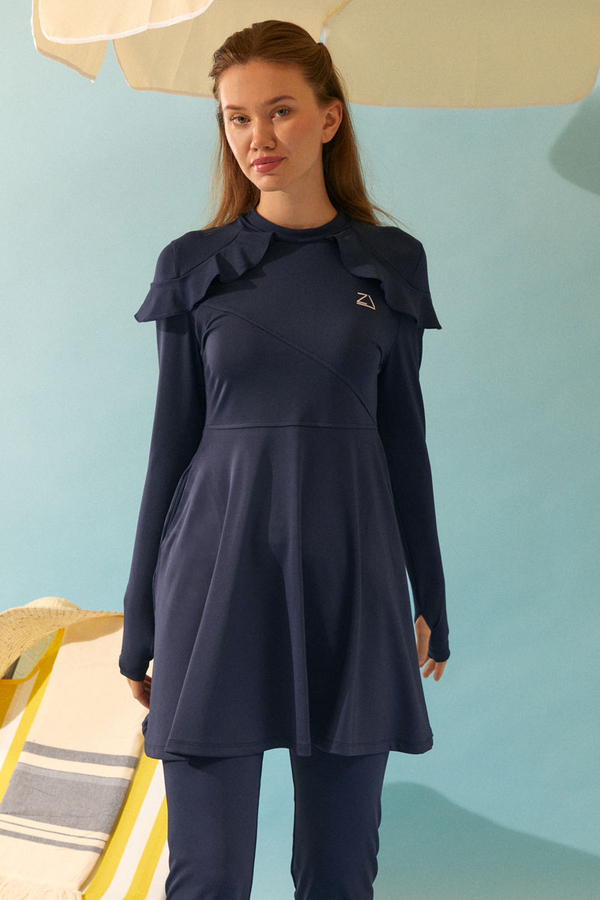  Modest Swimsuit Set with Ruffled Shoulders Navy Blue - 14