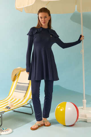  Modest Swimsuit Set with Ruffled Shoulders Navy Blue - 15