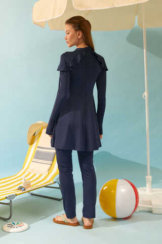  Modest Swimsuit Set with Ruffled Shoulders Navy Blue - 16