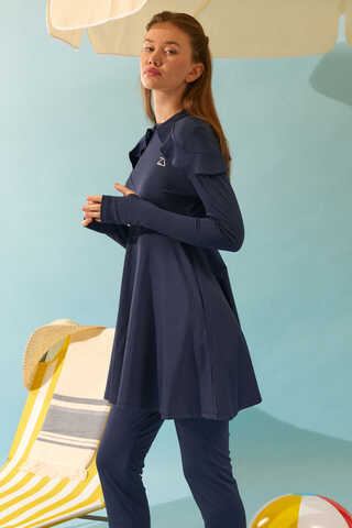  Modest Swimsuit Set with Ruffled Shoulders Navy Blue - 1