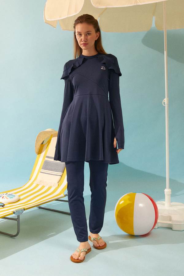  Modest Swimsuit Set with Ruffled Shoulders Navy Blue - 10