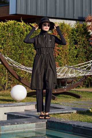 Modest Swimsuit with Vest in Black - 7