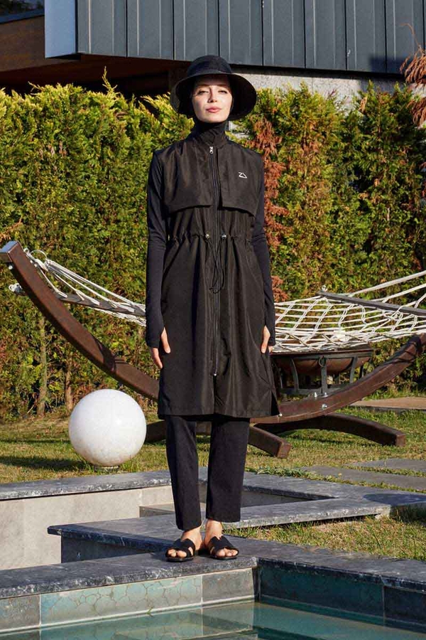 Modest Swimsuit with Vest in Black - 10