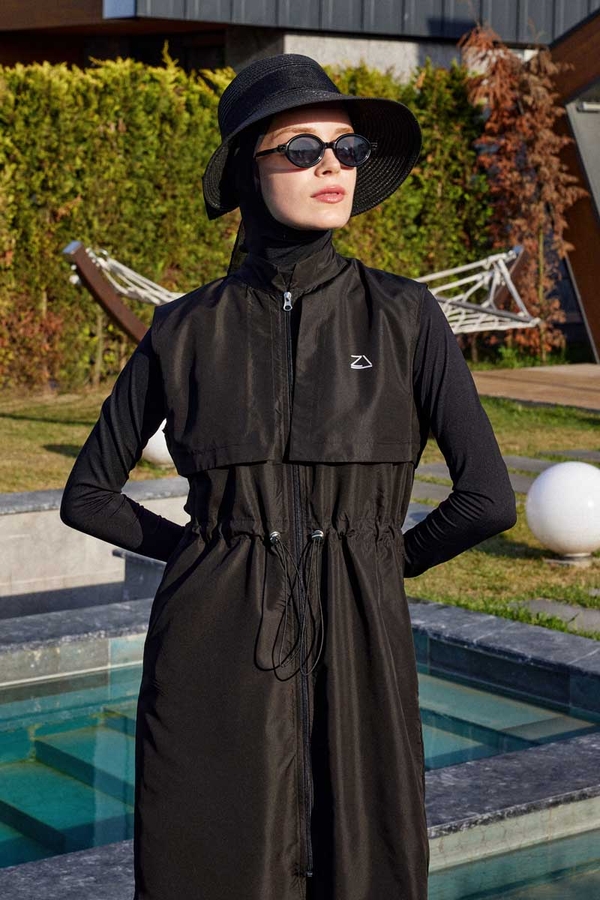 Modest Swimsuit with Vest in Black - 8