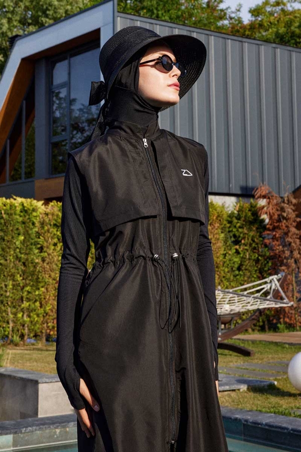 Modest Swimsuit with Vest in Black - 11