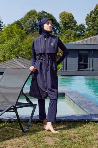 Modest Swimsuit with Vest in Dark Navy - 8