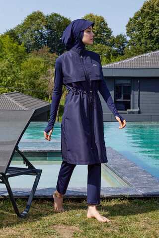 Modest Swimsuit with Vest in Dark Navy - 6