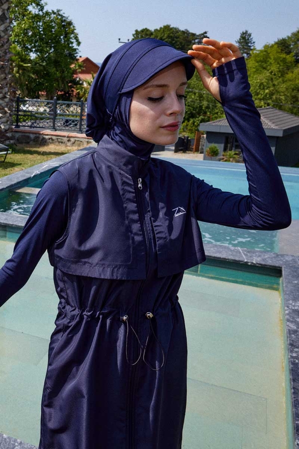 Modest Swimsuit with Vest in Dark Navy - 9