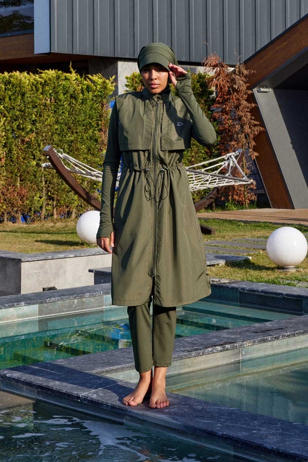 Modest Swimsuit with Vest in Khaki - 8