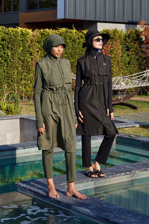 Modest Swimsuit with Vest in Khaki - 10