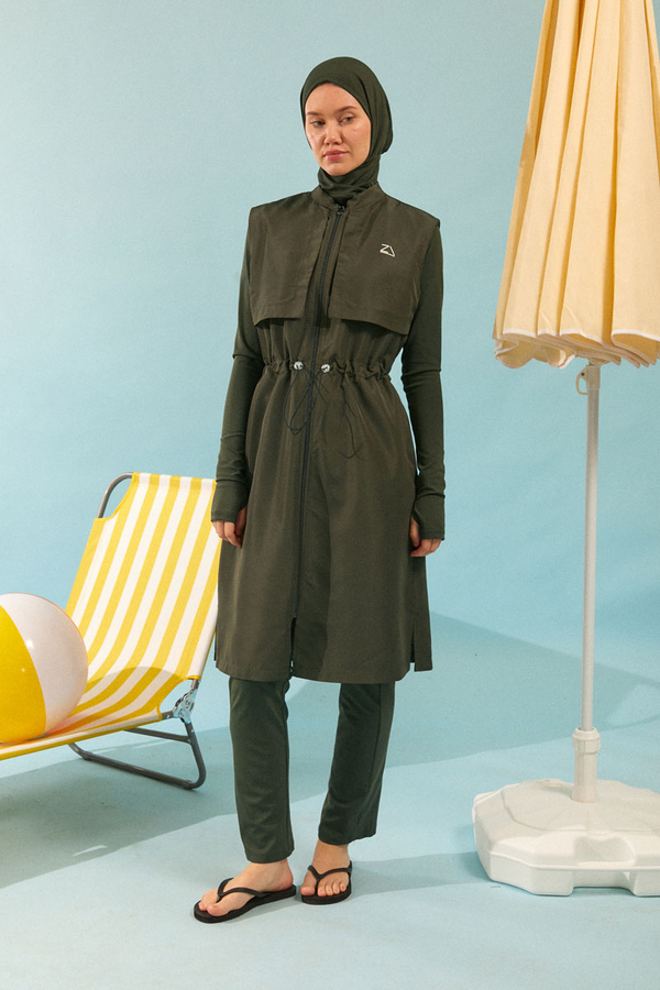 Modest Swimsuit with Vest in Khaki - 3