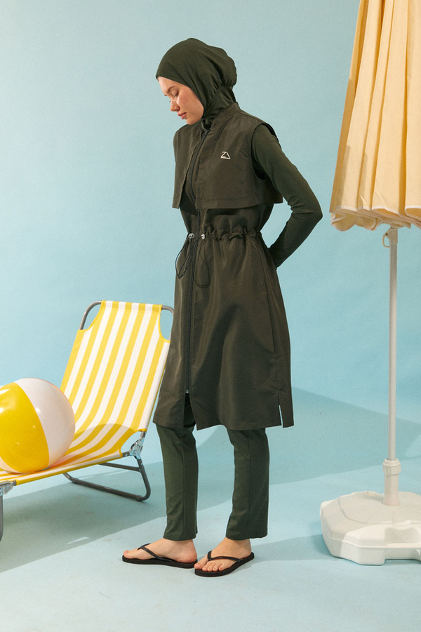 Modest Swimsuit with Vest in Khaki - 4