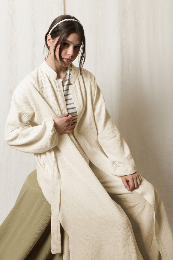 Müslin Abaya Takım Ekru - 1