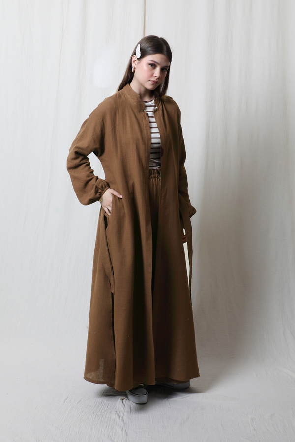 Müslin Abaya Takım Kahverengi - 1
