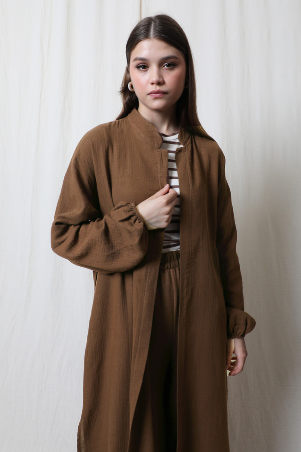 Müslin Abaya Takım Kahverengi - 5