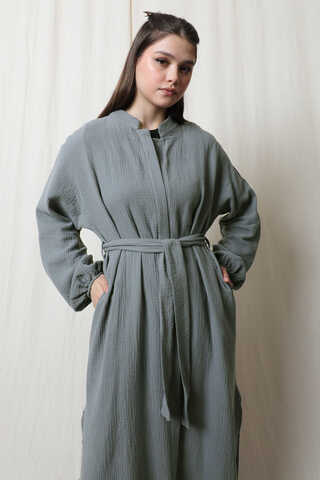 Müslin Abaya Takım Koyu Gri - 5