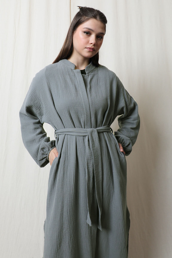 Müslin Abaya Takım Koyu Gri - 5