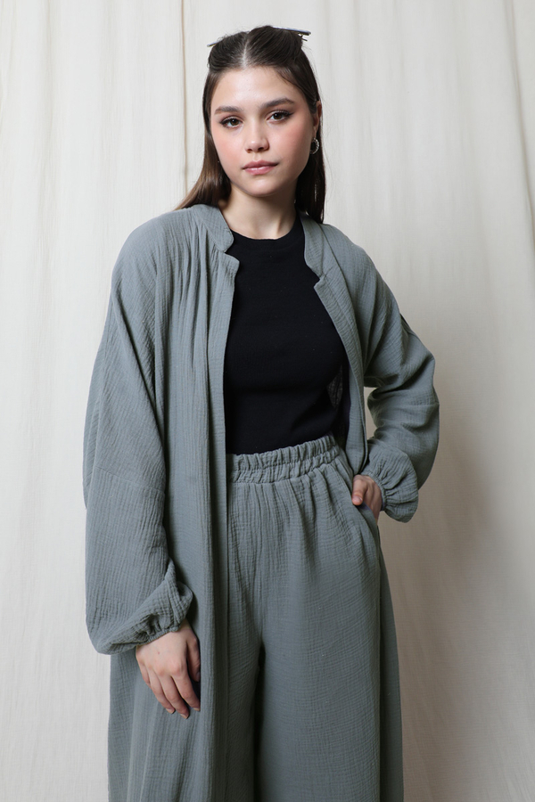 Müslin Abaya Takım Koyu Gri - 1