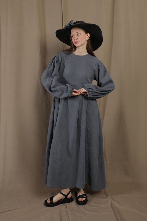 Müslin Klasik Elbise Koyu Gri - 1
