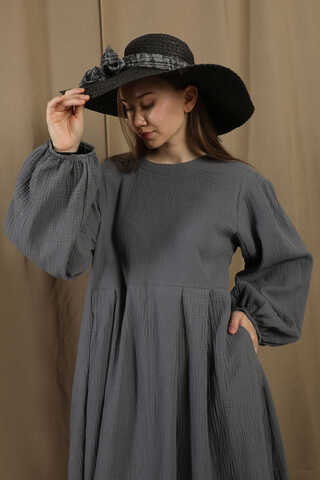 Müslin Klasik Elbise Koyu Gri - 4