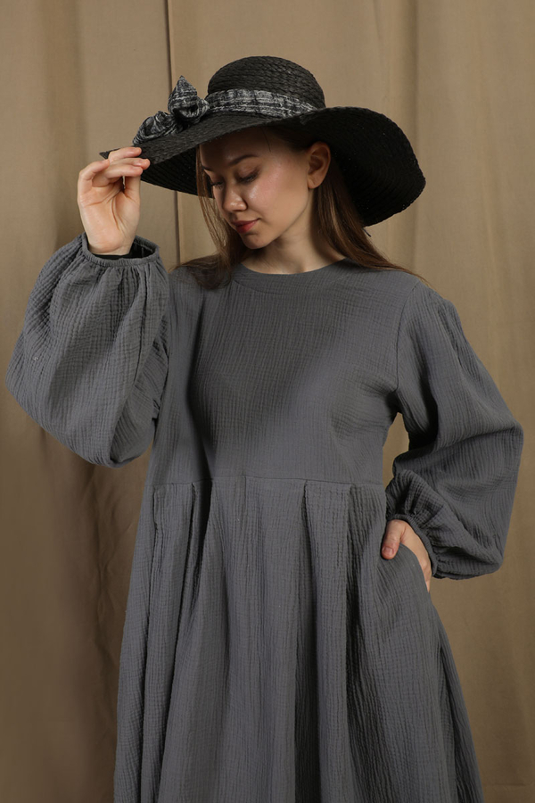 Müslin Klasik Elbise Koyu Gri - 4