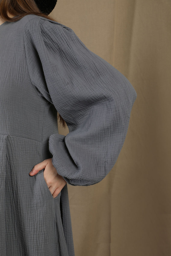 Müslin Klasik Elbise Koyu Gri - 5