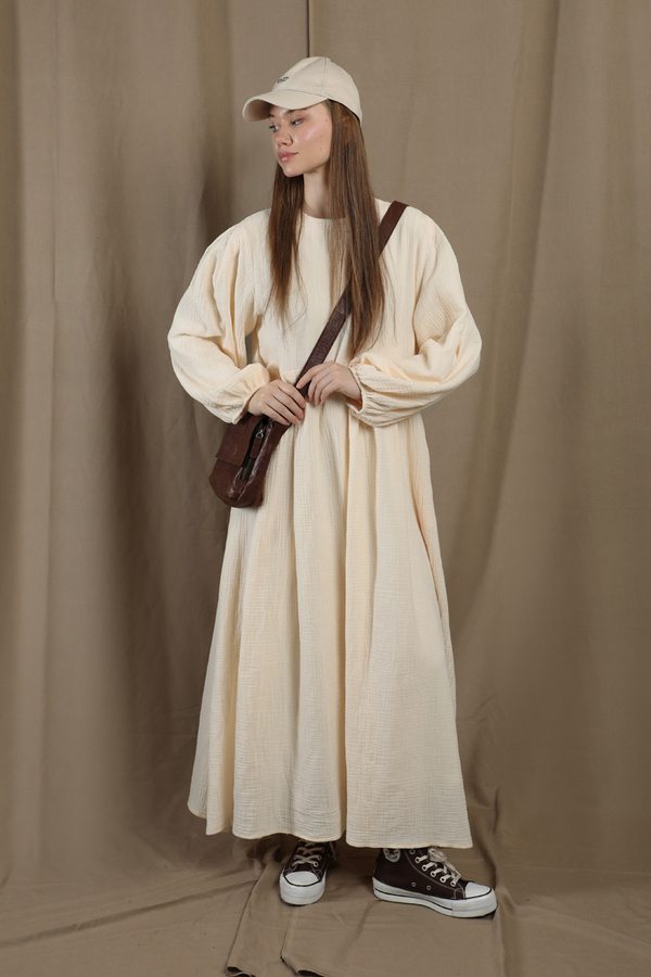 Müslin Klasik Elbise Krem - 4
