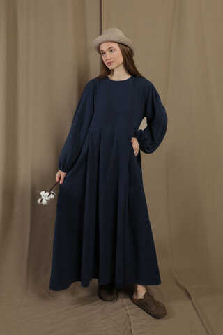 Müslin Klasik Elbise Lacivert - 1