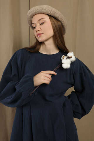 Müslin Klasik Elbise Lacivert - 3