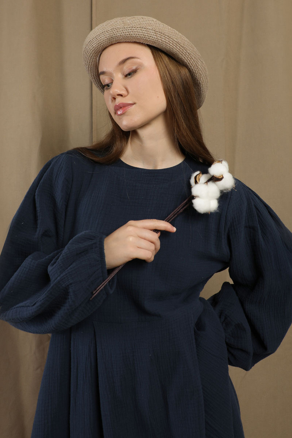 Müslin Klasik Elbise Lacivert - 3