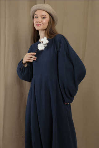 Müslin Klasik Elbise Lacivert - 4