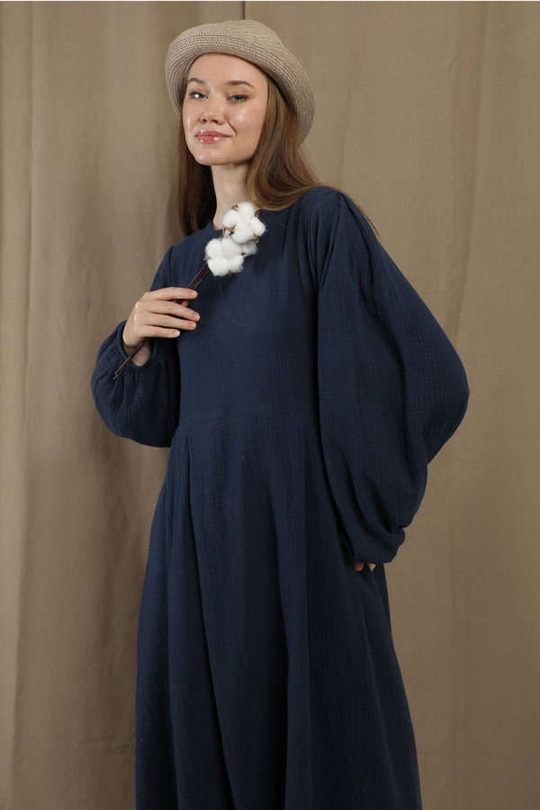 Müslin Klasik Elbise Lacivert - 4