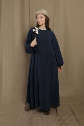 Müslin Klasik Elbise Lacivert - 5