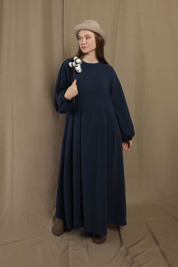 Müslin Klasik Elbise Lacivert - 5