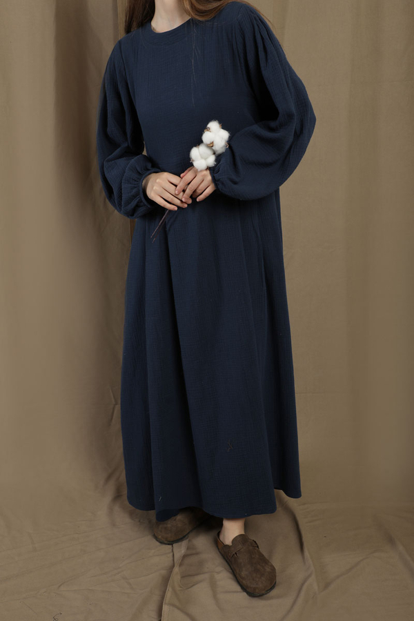 Müslin Klasik Elbise Lacivert - 6