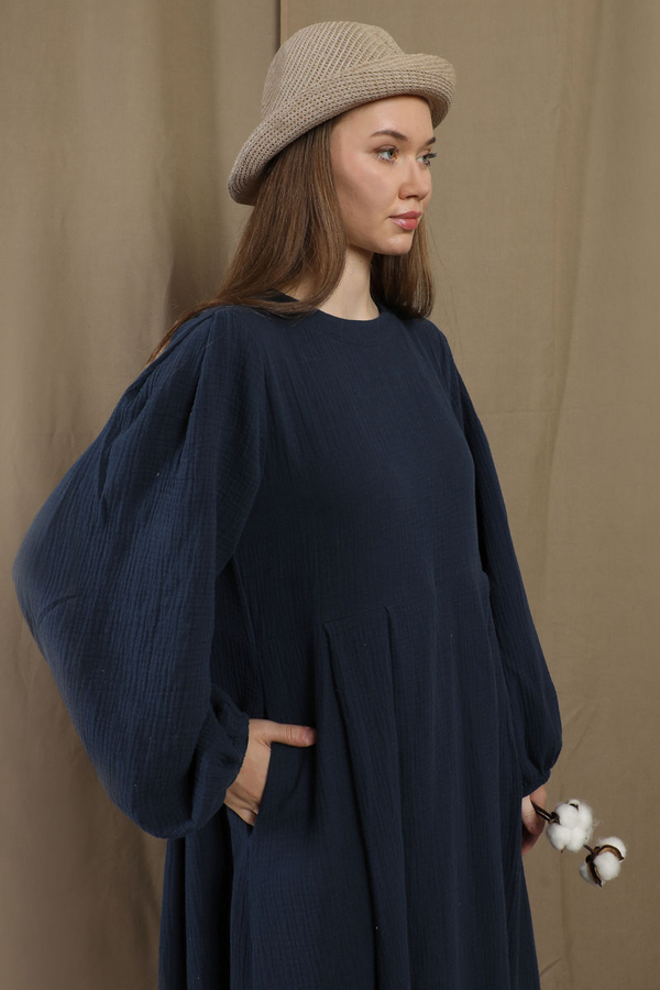 Müslin Klasik Elbise Lacivert - 7