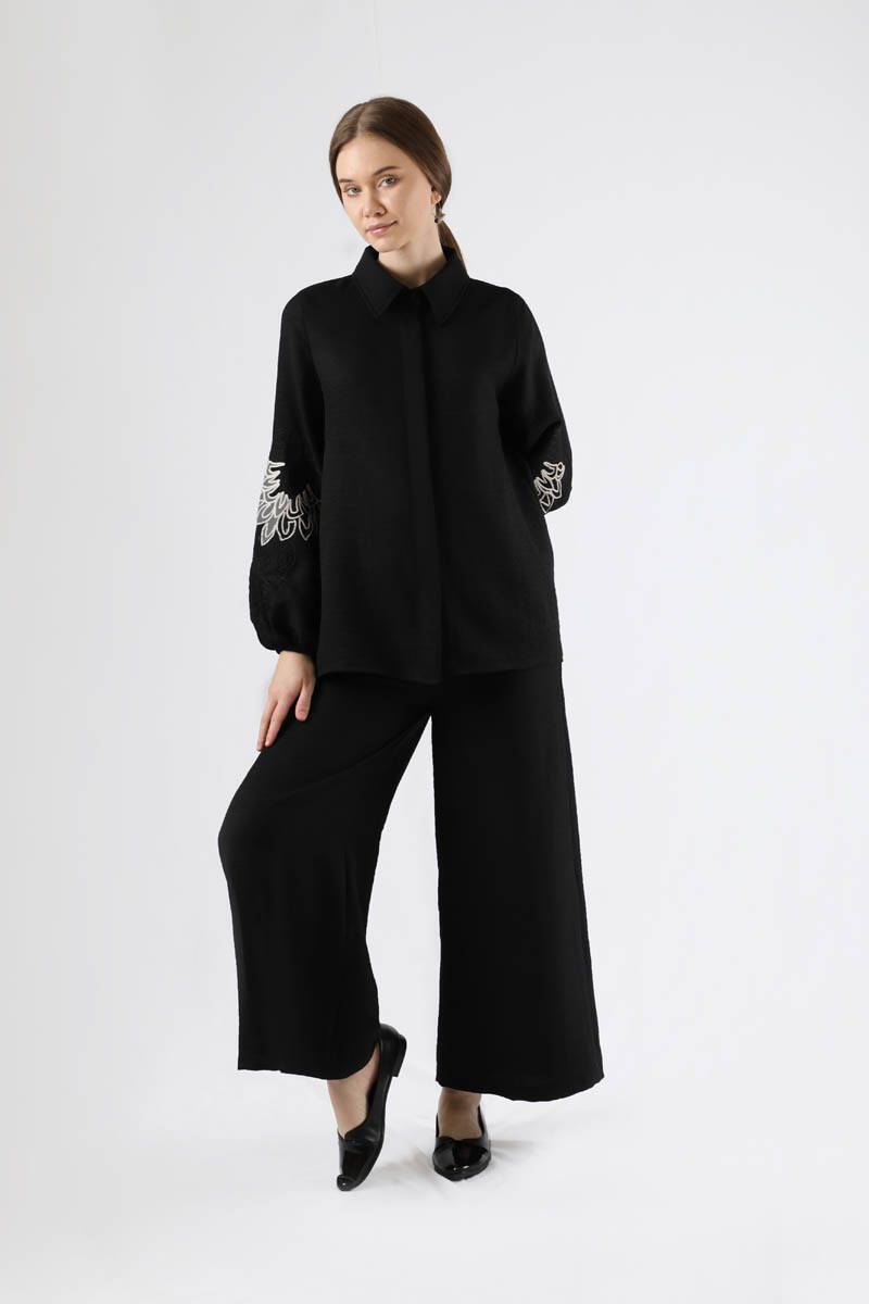 Nakış Detaylı Keten Takım Siyah