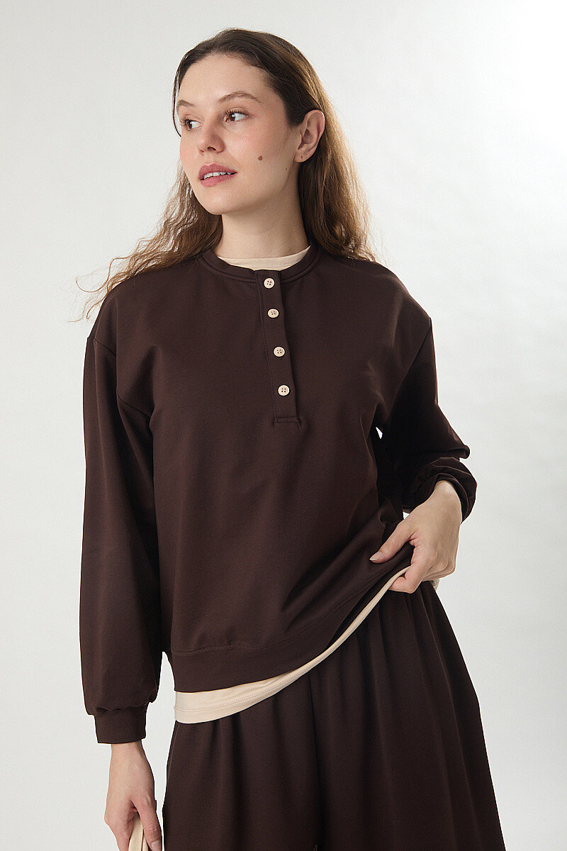 Düğme Detaylı Garnili Tişört Kahve - 3