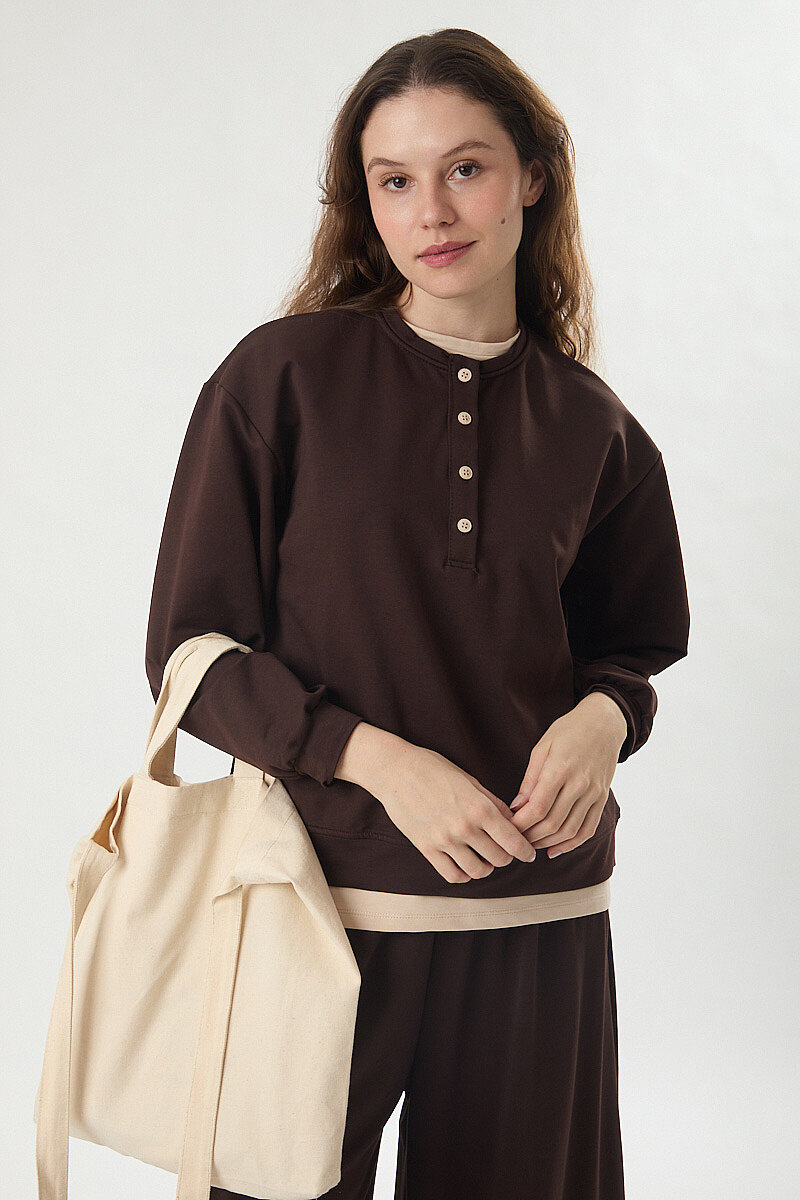 Düğme Detaylı Garnili Tişört Kahve - 5